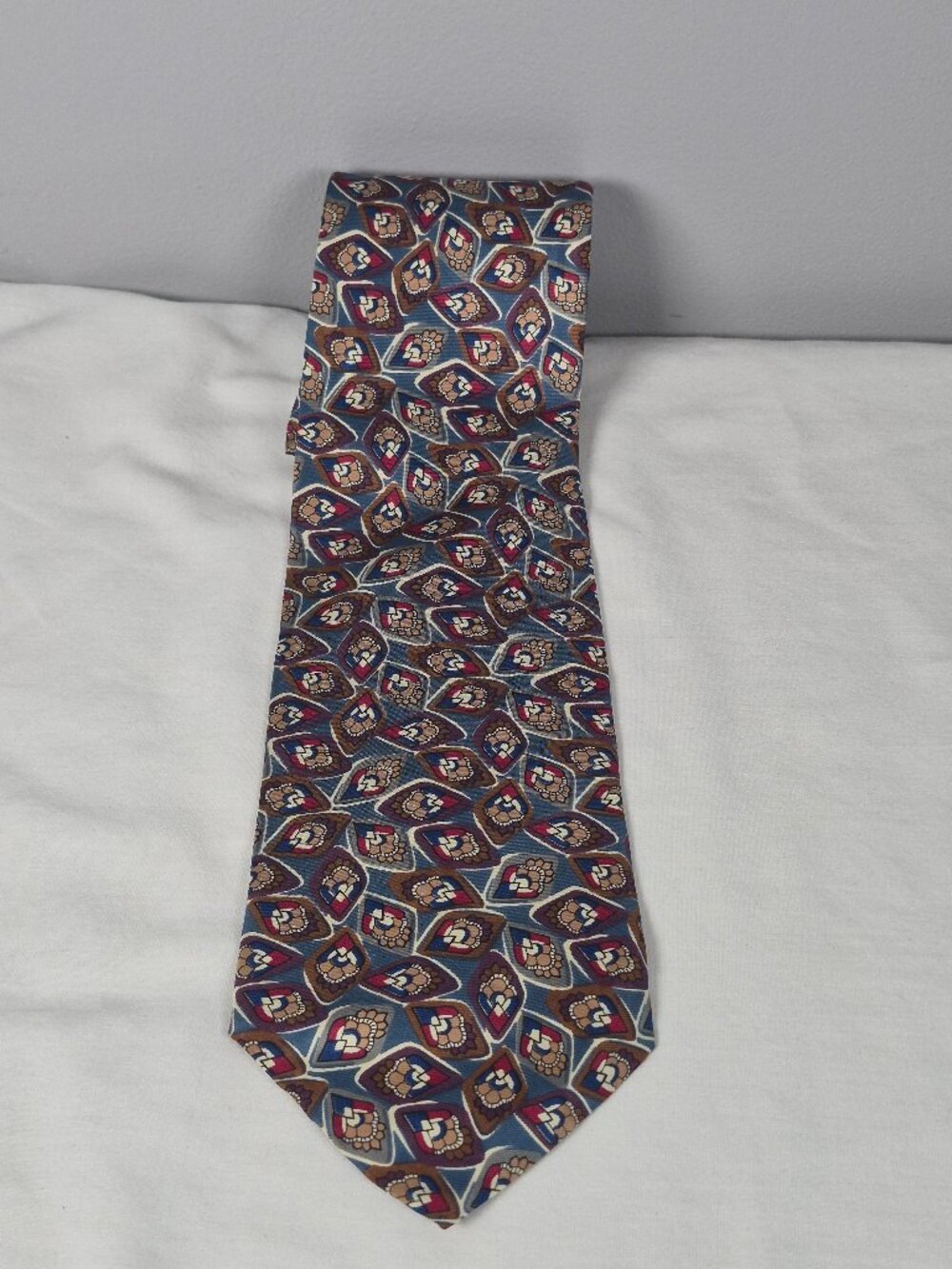 Christian Dior Monsieur Tie 100% Italian Silk Red Brown Turquois Geometric USA
